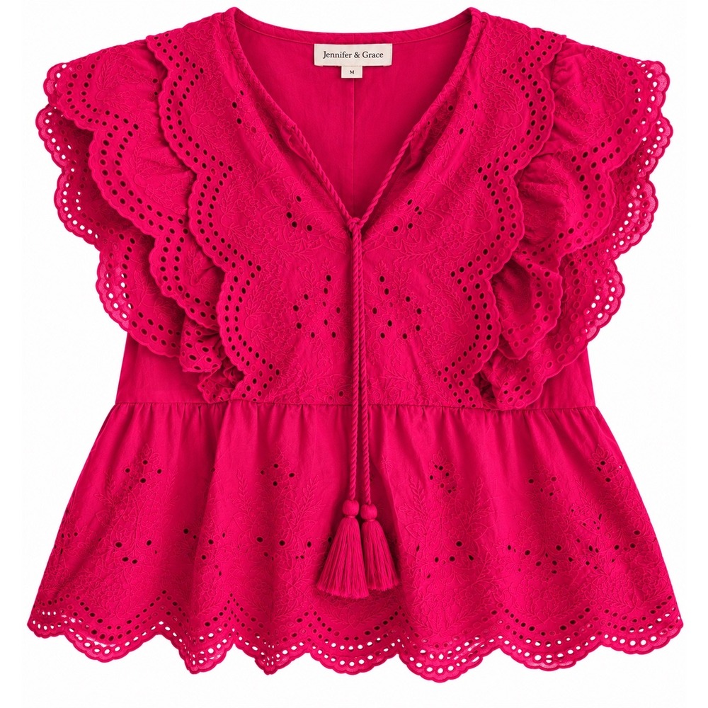 Jennifer & Grace Eyelet Top Medium Fuchsia Ruffle Boho Cottagecore Cotton
